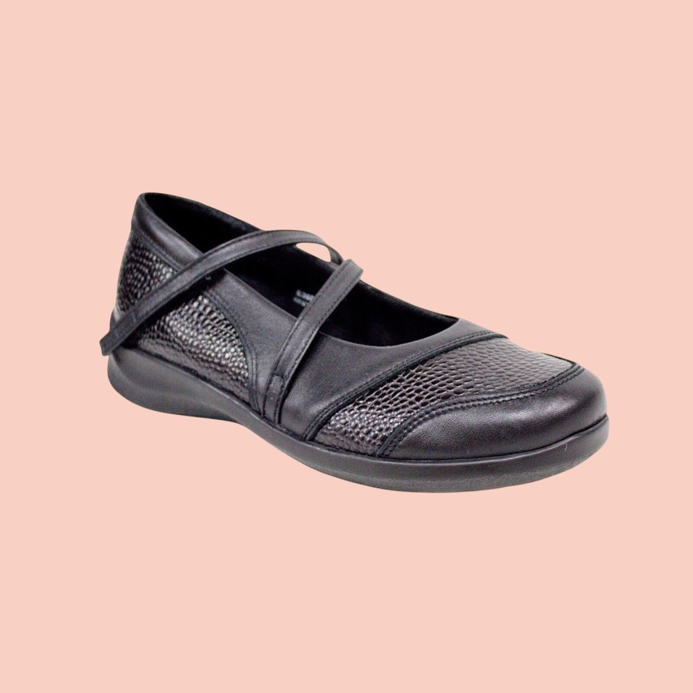 Aetrex Essence E360 Julia Mary Jane Black Textured Pebbled Leather Shoes